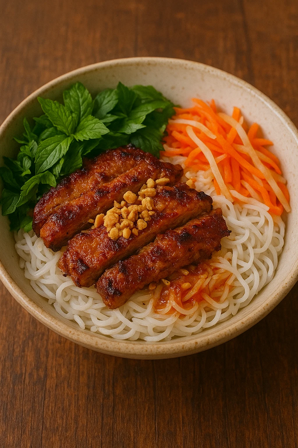 Bun Thit Nuong with grilled pork and noodles.