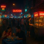 Street food vendors and night market scene in Saigon.