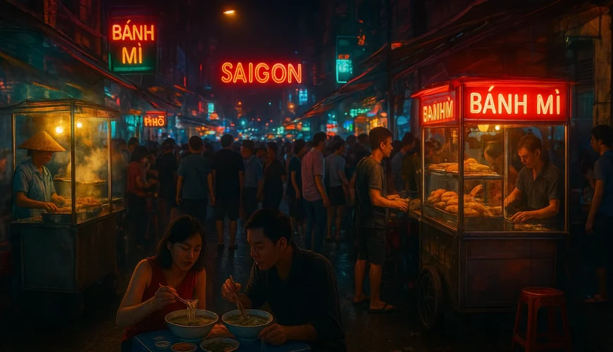 Street food vendors and night market scene in Saigon.