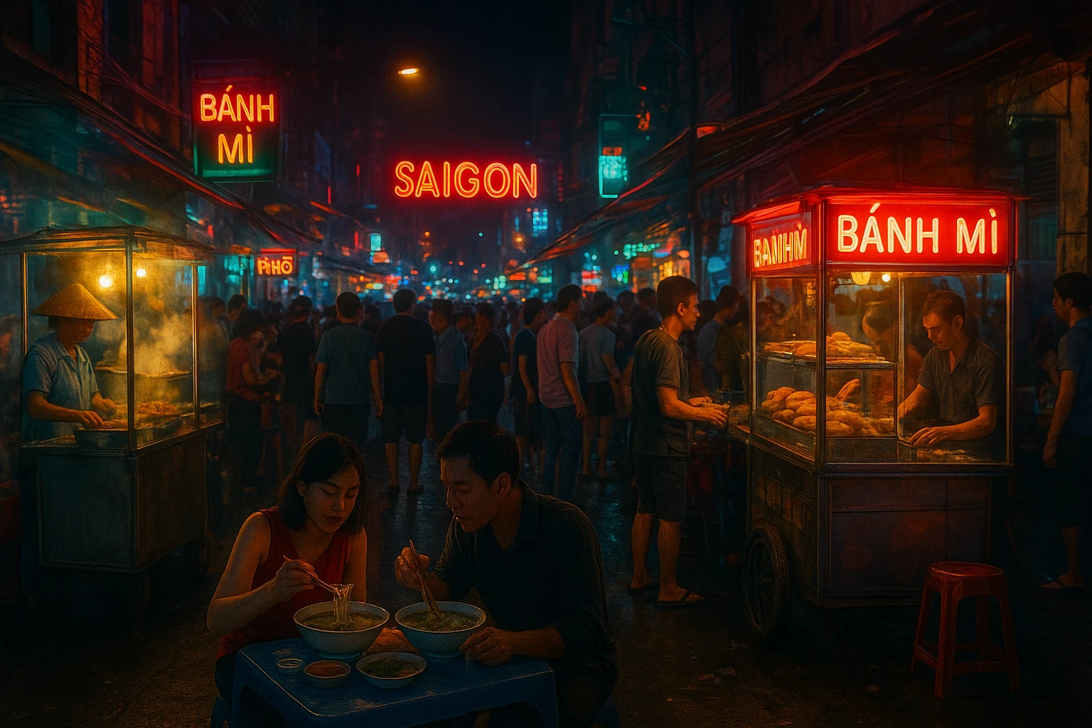Street food vendors and night market scene in Saigon.