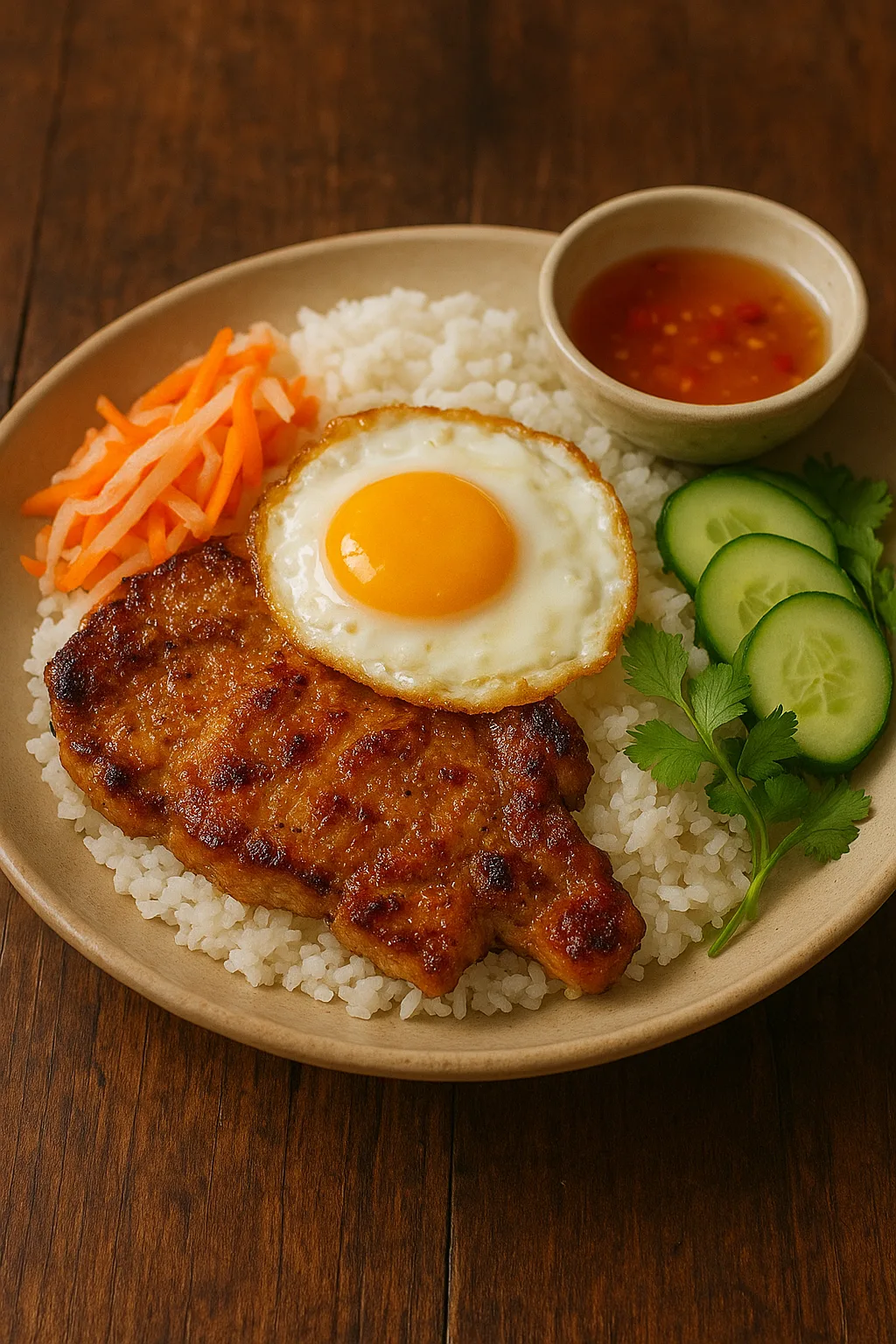 Com Tam plate with grilled pork and egg.