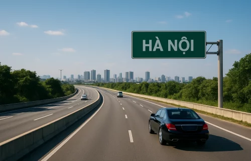 Highway from Noi Bai Airport heading toward Hoang Mai District.