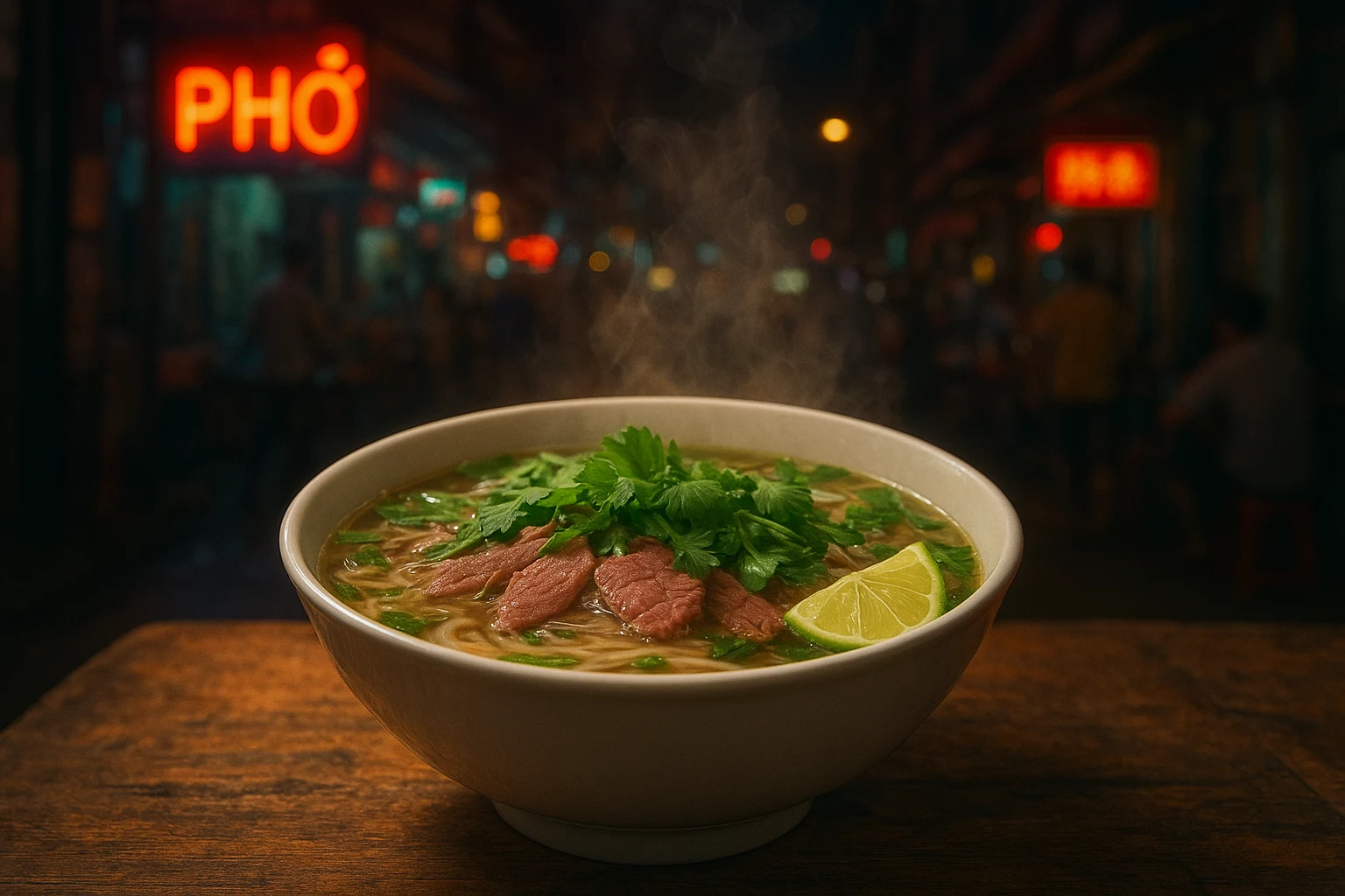 Bowl of Vietnamese pho with beef and herbs.