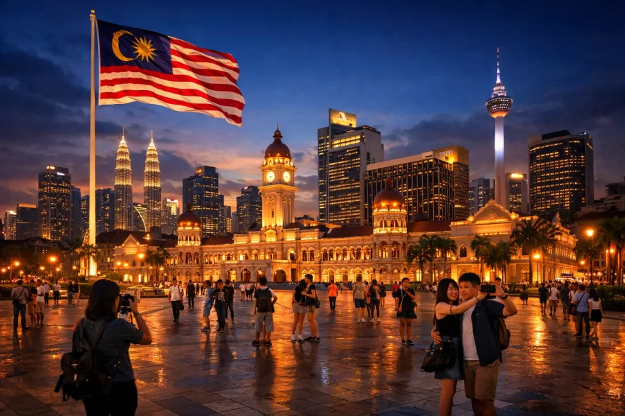 A vibrant night view of Kuala Lumpur city with illuminated landmarks, featuring Merdeka Square and the Malaysian flag waving under evening lights, tourists walking and taking photos, warm city glow, cinematic travel photography, ultra-realistic, wide-angle, professional travel photo, high resolution, no text