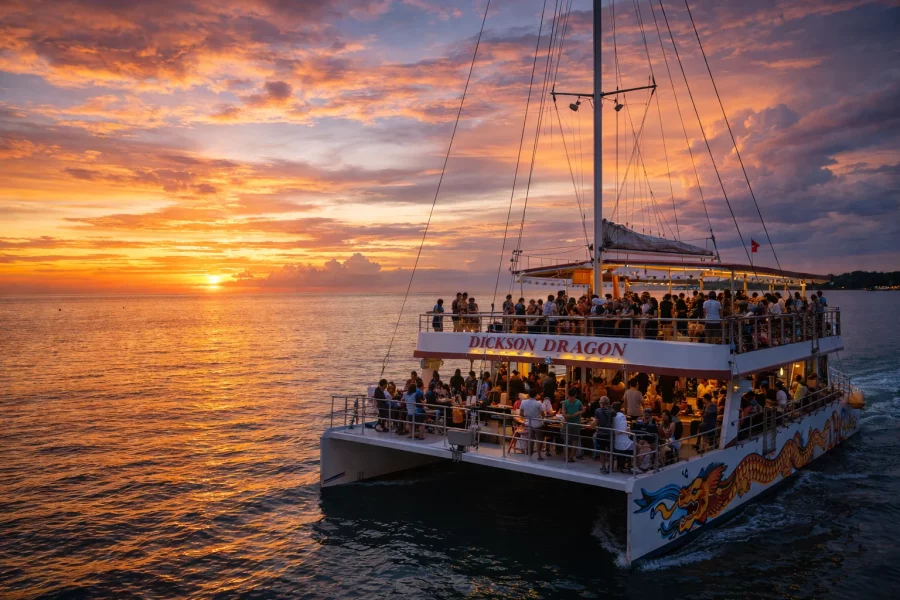 Vibrant sunset cruise at Port Dickson aboard the Dickson Dragon boat, golden sunset over the Malacca Strait, calm sea, dramatic sky colors, cinematic wide-angle travel photography, ultra-realistic, high saturation