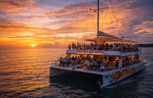 Colorful Dickson Dragon boat sailing at sunset, detailed dragon-themed boat design, calm waters, warm evening light, professional tourism photography, sharp focus