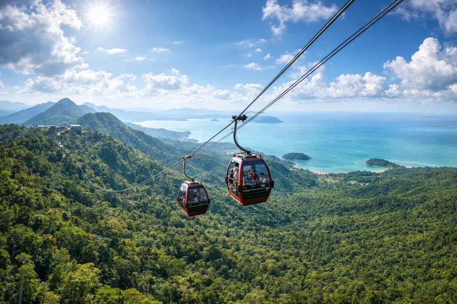 Panoramic view of Langkawi Sky Cable Car (SkyCab) ascending over lush rainforest and mountains, bright sunny sky, Andaman Sea in the background, tourists enjoying scenic ride, vibrant colors, realistic style, high-resolution, travel photography style